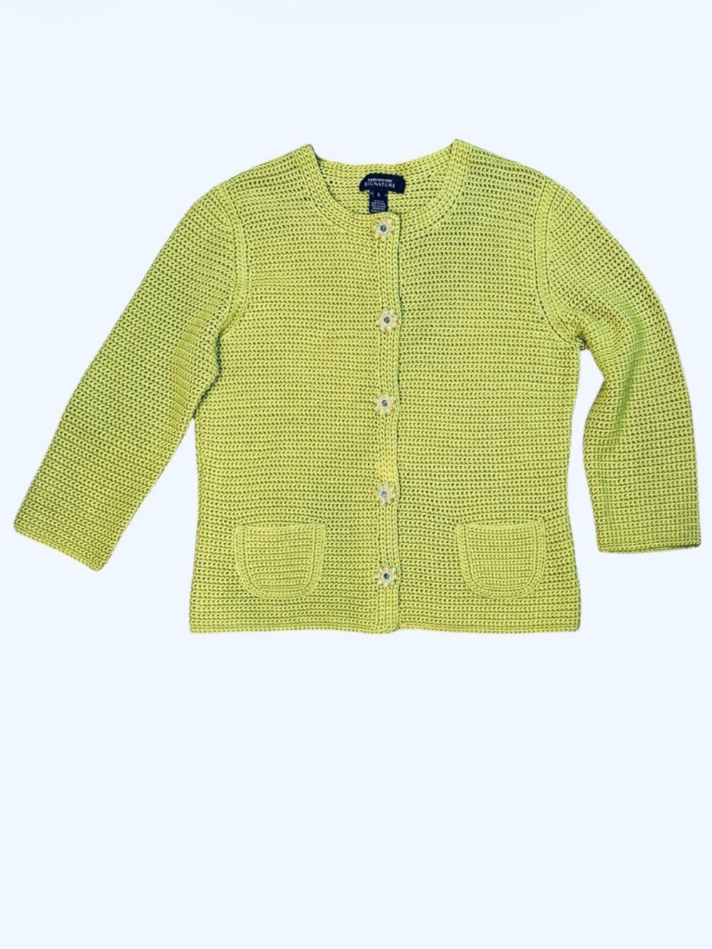 Jones New York Signature Lime Green Crochet Embellished Button Cardigan